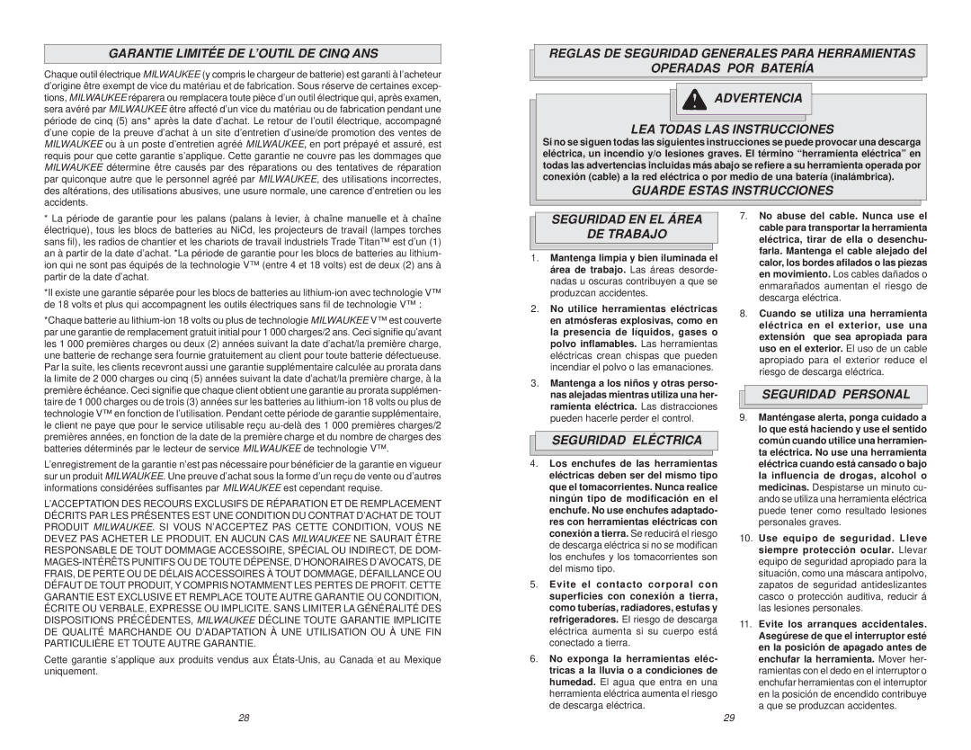 Milwaukee 0740-20 Garantie Limitée DE L’OUTIL DE Cinq ANS, Guarde Estas Instrucciones, Seguridad EN EL Área DE Trabajo 