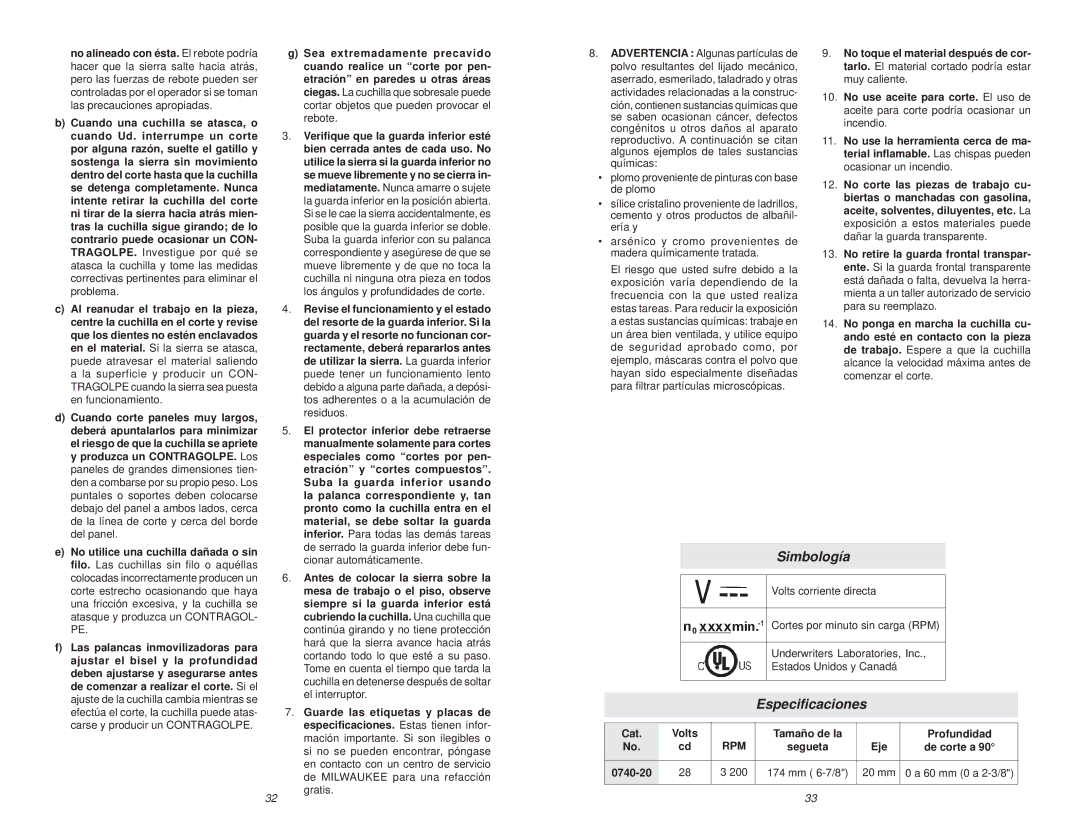 Milwaukee 0740-20 manual Simbología, Especiﬁcaciones 