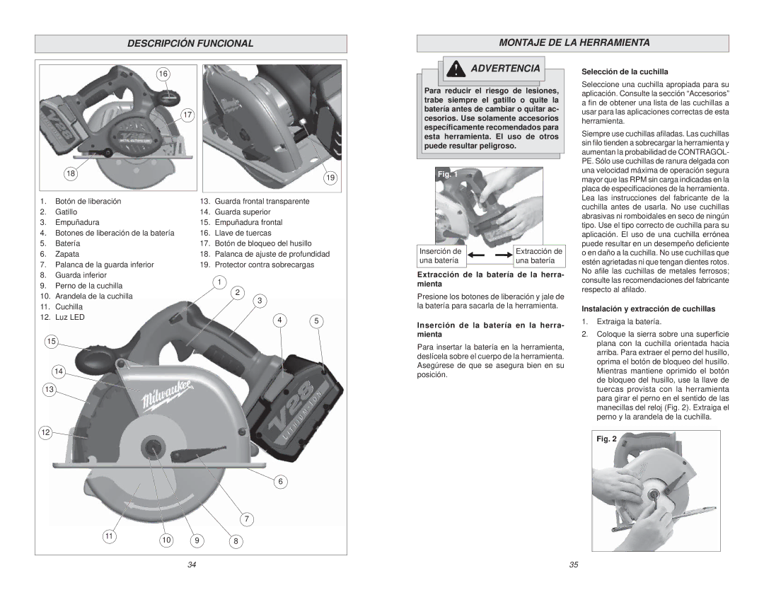 Milwaukee 0740-20 manual Descripción Funcional Montaje DE LA Herramienta Advertencia, Selección de la cuchilla 