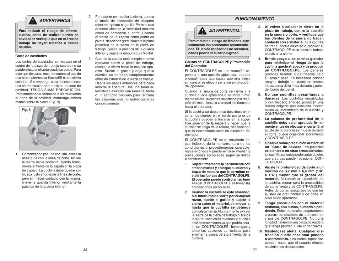 Milwaukee 0740-20 manual Funcionamiento, Causas del Contragolpe y Prevención del Operador 