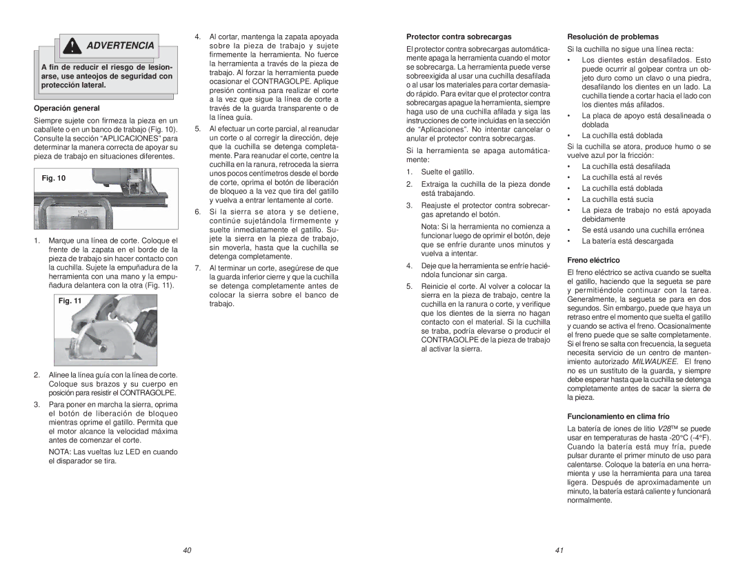 Milwaukee 0740-20 Protector contra sobrecargas, Resolución de problemas, Freno eléctrico, Funcionamiento en clima frío 