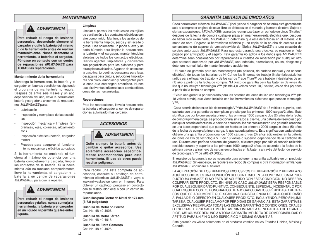 Milwaukee 0740-20 manual Mantenimiento Garantía Limitada DE Cinco Años Advertencia, Accesorios Advertencia 