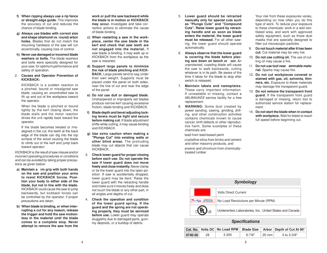 Milwaukee 0740-20 manual Symbology, Speciﬁcations 