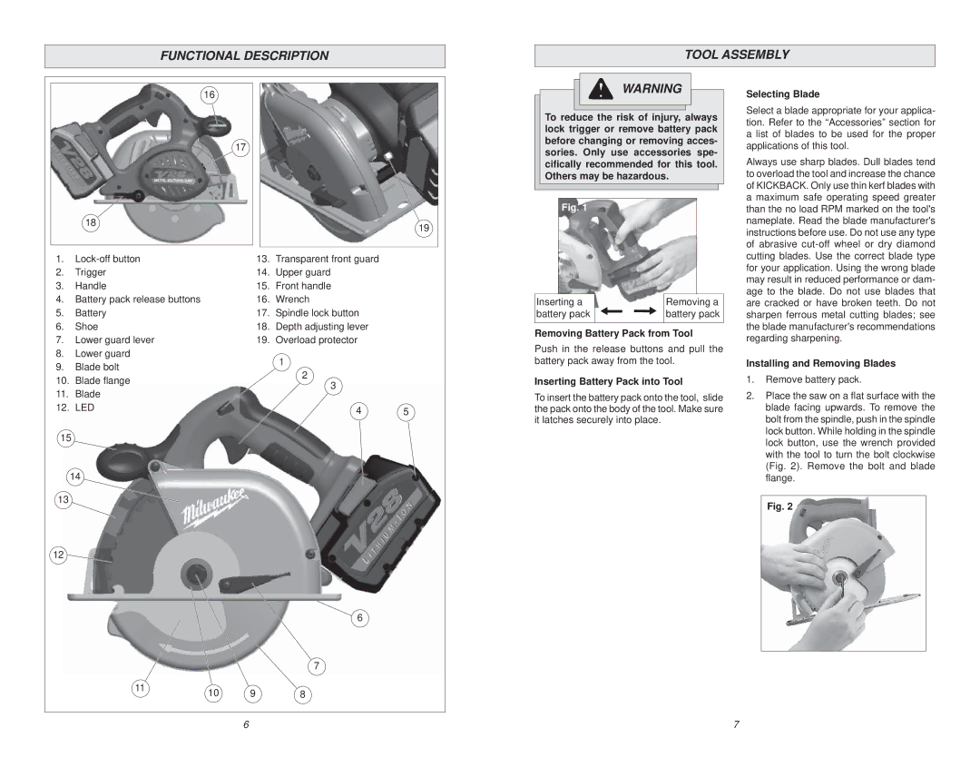 Milwaukee 0740-20 manual Functional Description Tool Assembly, Selecting Blade, Removing Battery Pack from Tool 