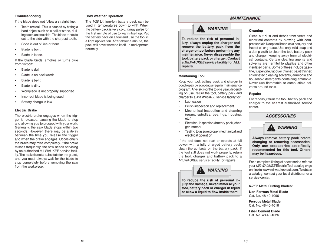 Milwaukee 0740-20 manual Maintenance, Accessories 