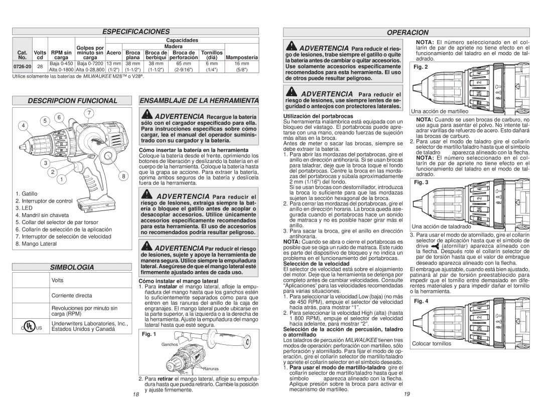 Milwaukee 0756-20 manual Especificaciones Operacion, Descripcion Funcional Ensamblaje DE LA Herramienta, Simbologia 