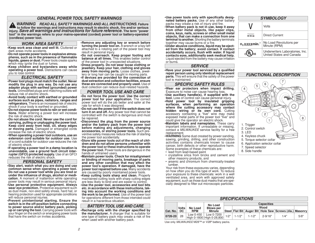 Milwaukee 0756-20 manual General Power Tool Safety Warnings, Symbology, Work Area Safety, Electrical Safety, Service 