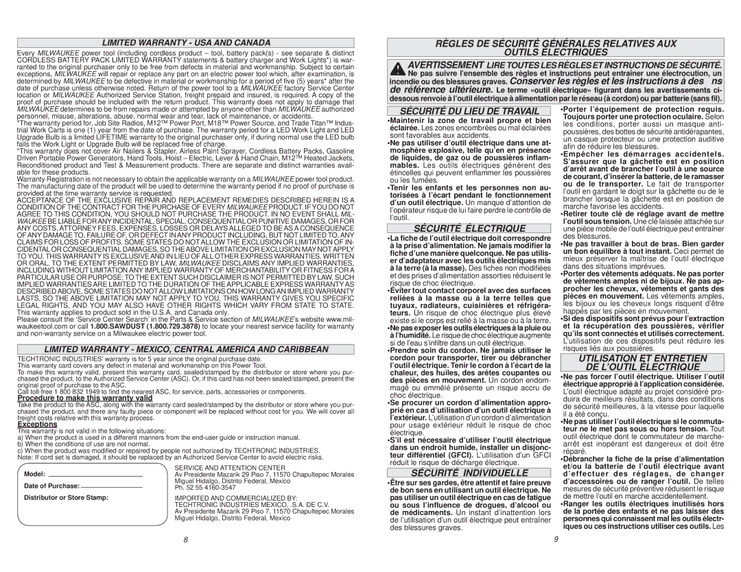 Milwaukee 0756-20 manual Sécurité DU Lieu DE Travail, Sécurité Électrique, Sécurité Individuelle 