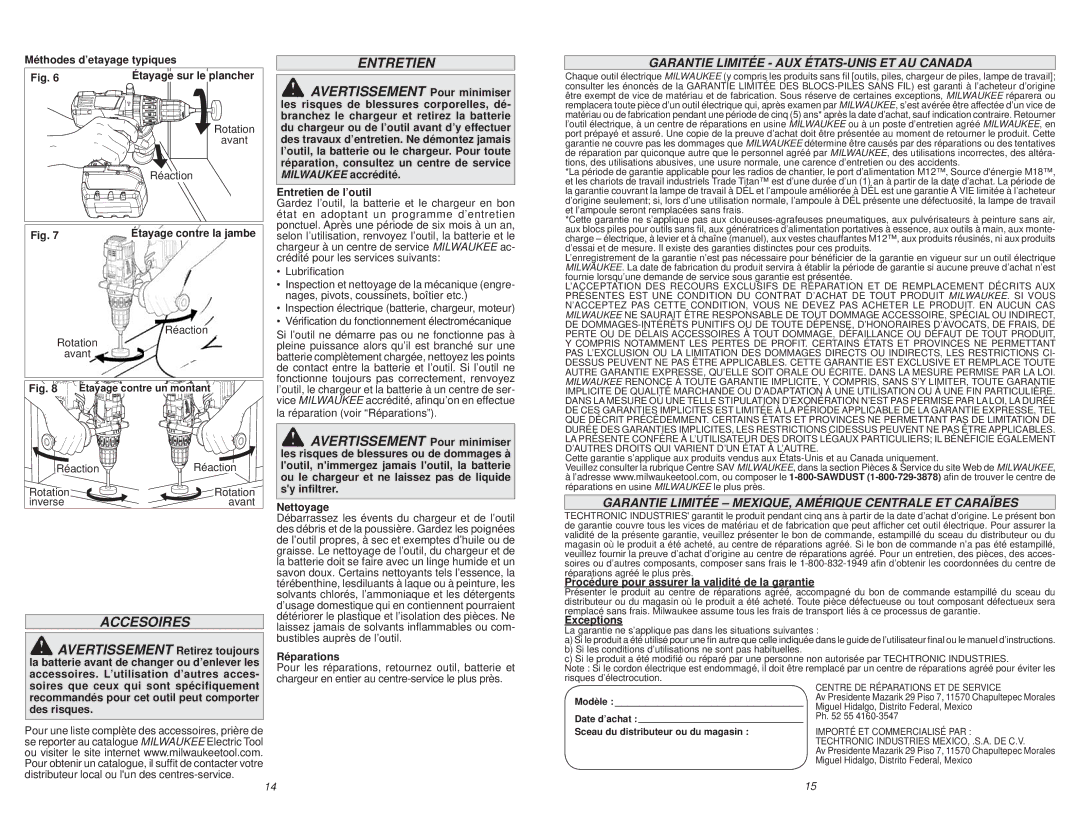 Milwaukee 0756-20 manual Accesoires, Garantie Limitée AUX ÉTATS-UNIS ET AU Canada 