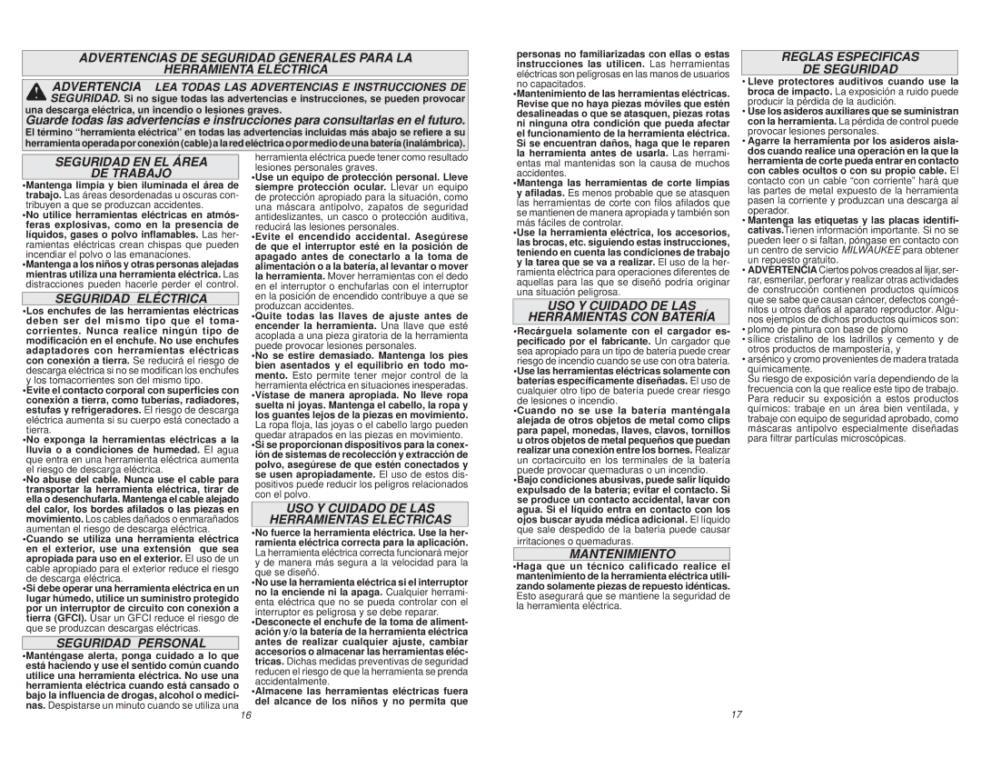 Milwaukee 0756-20 Reglas Especificas DE Seguridad, Seguridad EN EL Área DE Trabajo, Seguridad Eléctrica, Mantenimiento 