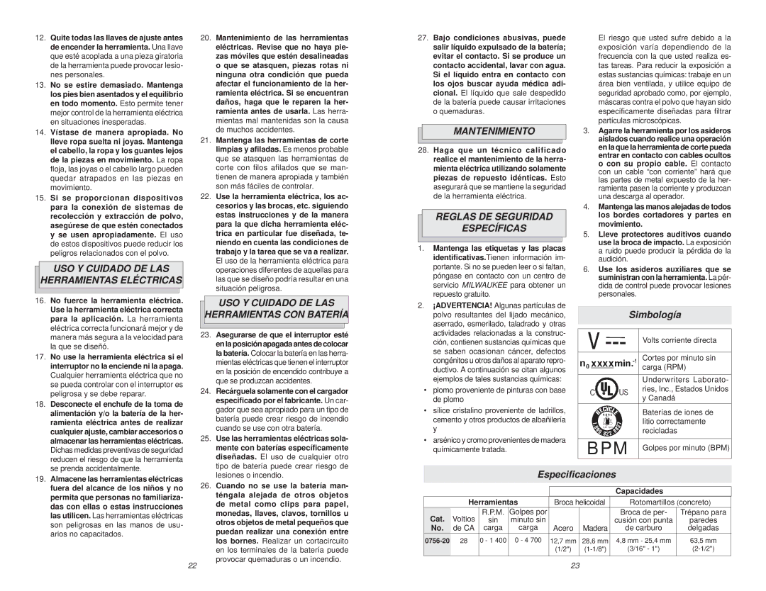 Milwaukee 0756-20 manual USO Y Cuidado DE LAS Herramientas Eléctricas, Mantenimiento, Reglas DE Seguridad Específicas 