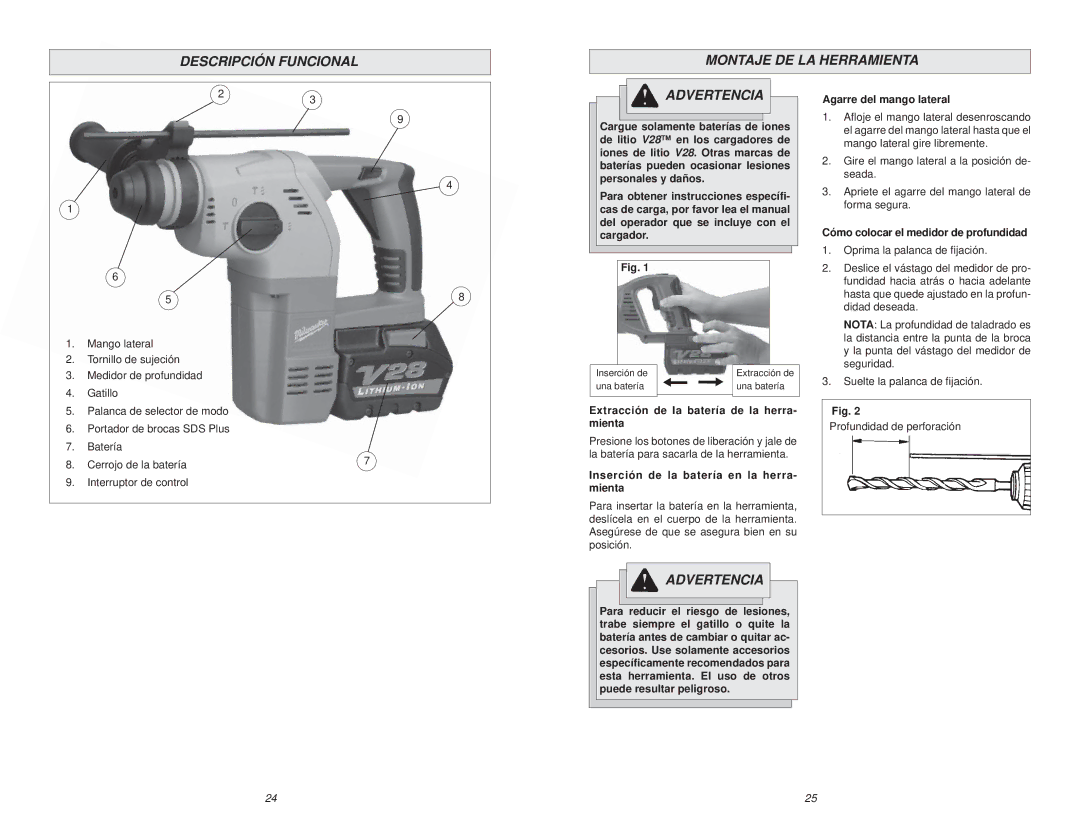 Milwaukee 0756-20 Descripción Funcional Montaje DE LA Herramienta Advertencia, Cómo colocar el medidor de profundidad 