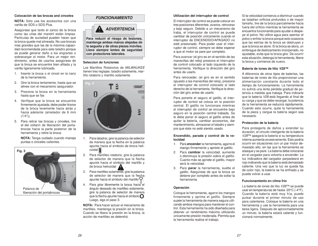 Milwaukee 0756-20 manual Funcionamiento Advertencia 