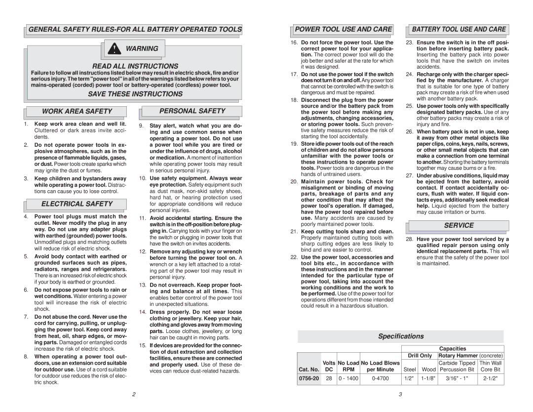 Milwaukee 0756-20 manual Power Tool USE and Care, Work Area Safety, Electrical Safety, Personal Safety, Service 