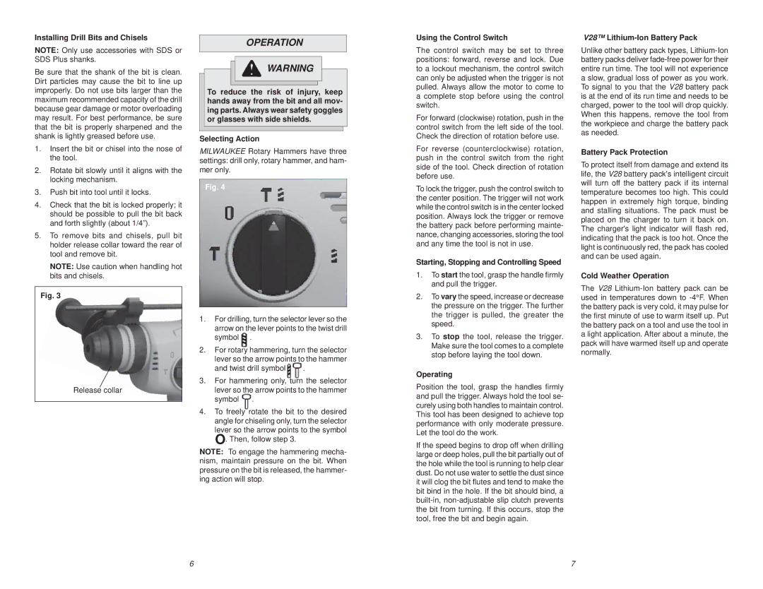 Milwaukee 0756-20 manual Operation 