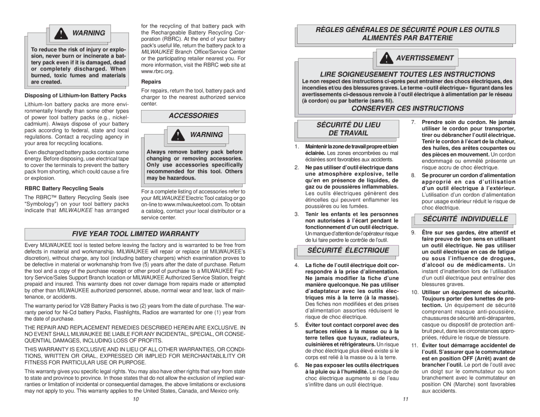 Milwaukee 0756-20 manual Conserver CES Instructions, Sécurité DU Lieu DE Travail, Sécurité Électrique 