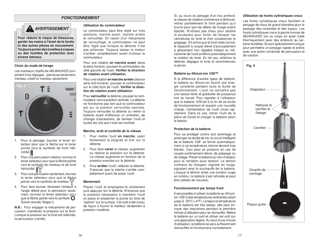 Milwaukee 0756-20 manual Fonctionnement 