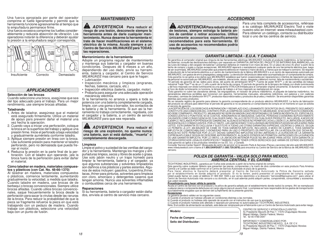 Milwaukee 0757-20, 2715-20 manual Mantenimiento Accesorios, Applicaciones, Garantía Limitada E.U.A. Y Canadá 