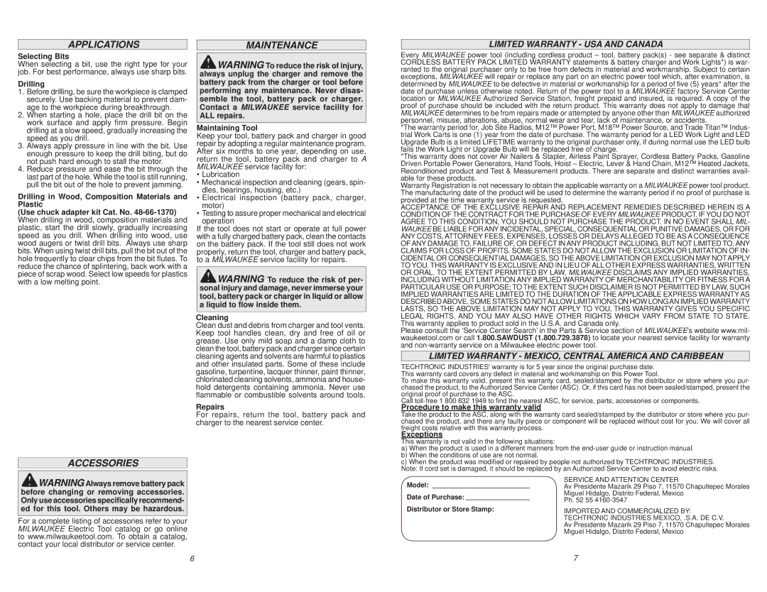 Milwaukee 0757-20, 2715-20 manual Applications, Maintenance, Accessories, Limited Warranty USA and Canada 