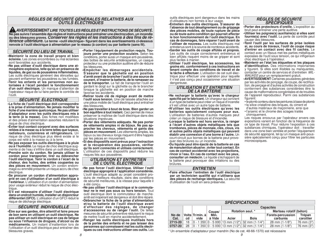 Milwaukee 2715-20, 0757-20 Règles DE Sécurité Spécifiques, Sécurité DU Lieu DE Travail, Sécurité Électrique, Entretien 