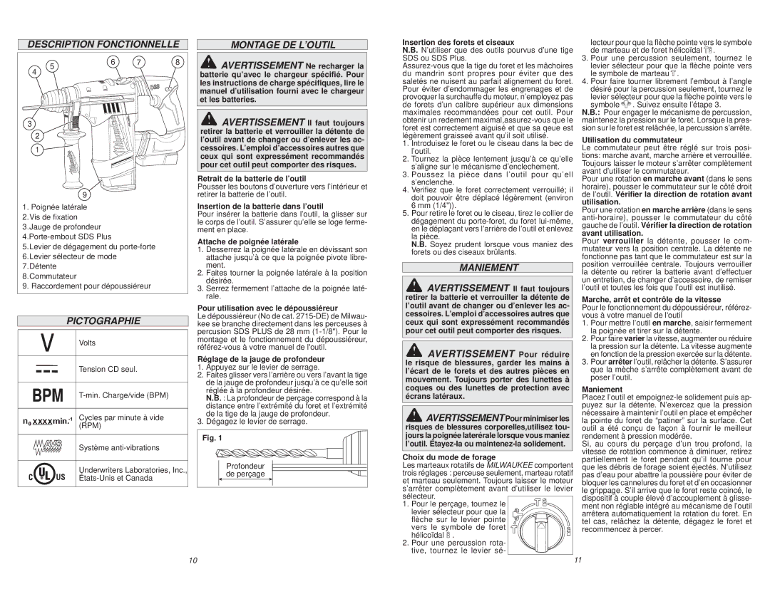 Milwaukee 0757-20, 2715-20 manual Description Fonctionnelle, Pictographie, Montage DE L’OUTIL, Maniement 