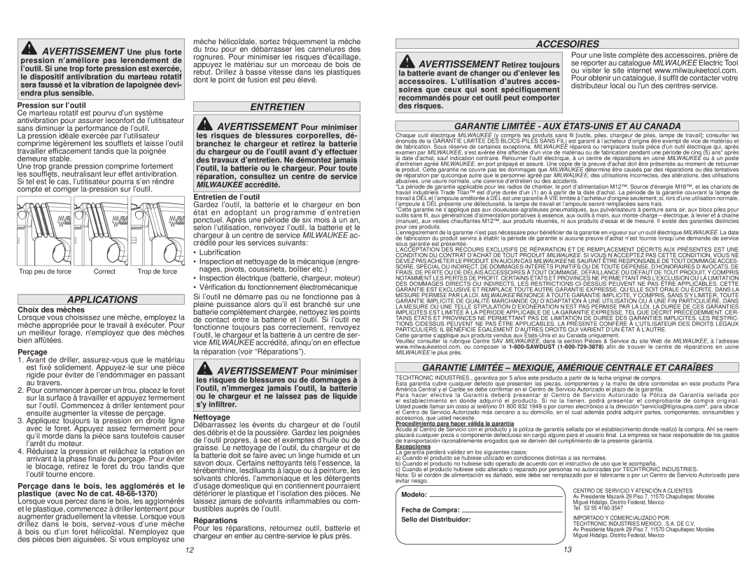 Milwaukee 2715-20, 0757-20 manual Avertissement, Accesoires, Garantie Limitée AUX ÉTATS-UNIS ET AU Canada 