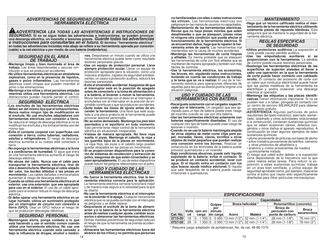 Milwaukee 0757-20 Mantenimiento, Reglas Especificas DE Seguridad, Seguridad EN EL Área DE Trabajo, Seguridad Eléctrica 