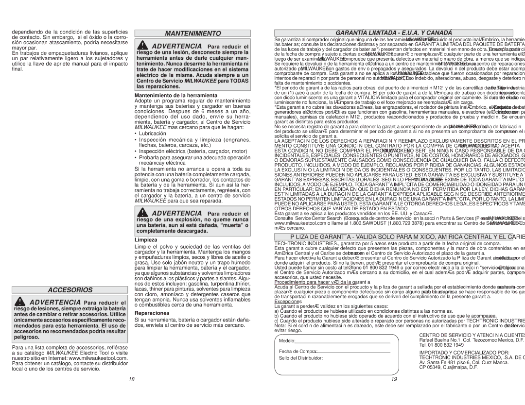 Milwaukee 0779-22, 0779-20 Accesorios, Garantía Limitada E.U.A. Y Canadá, Mantenimiento de la herramienta, Reparaciones 