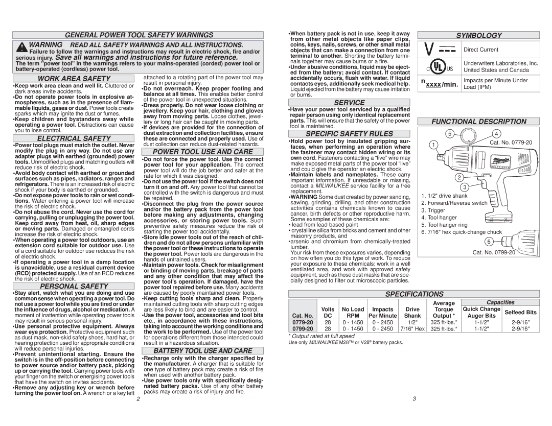 Milwaukee 0779-22 General Power Tool Safety Warnings, Symbology, Work Area Safety, Electrical Safety, Personal Safety 