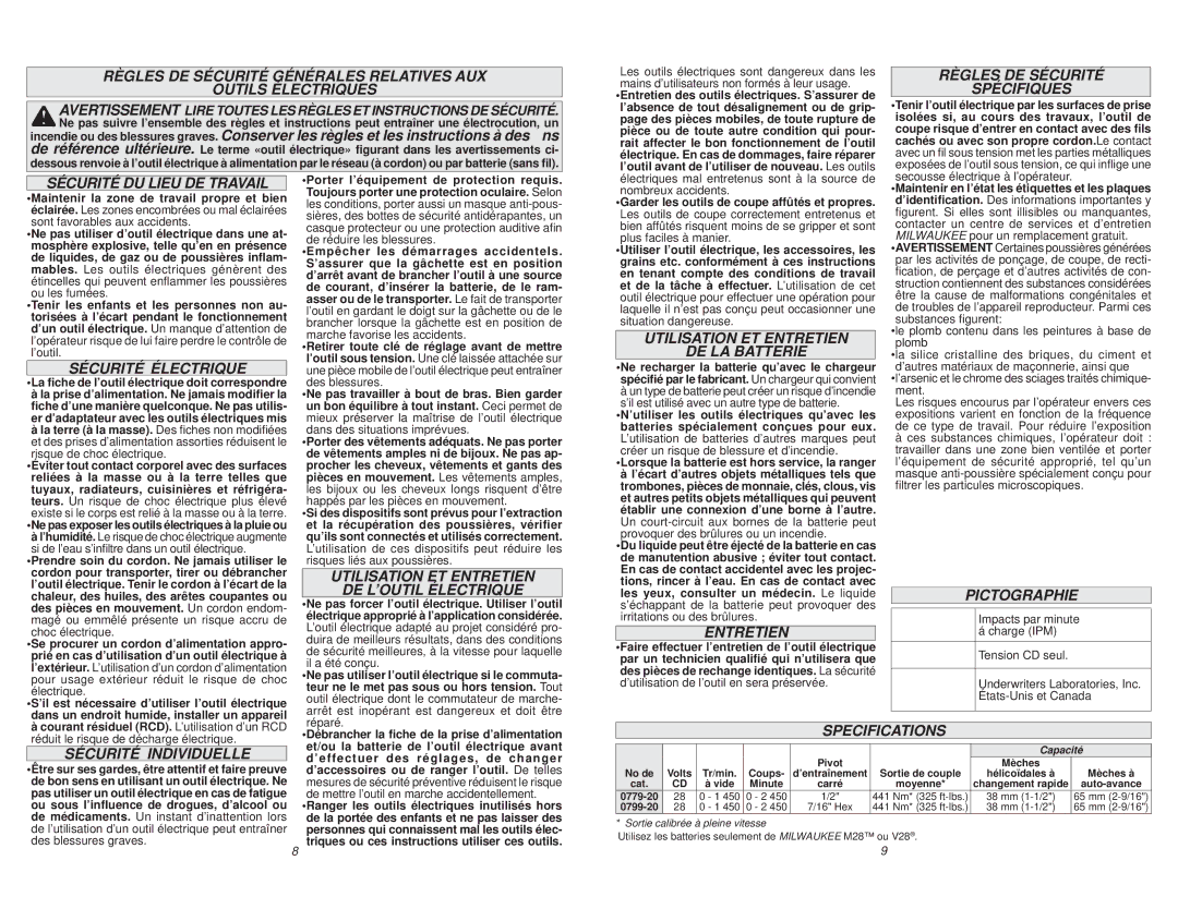 Milwaukee 0779-20, 0779-22 Règles DE Sécurité Spécifiques, Sécurité DU Lieu DE Travail, Sécurité Électrique, Entretien 