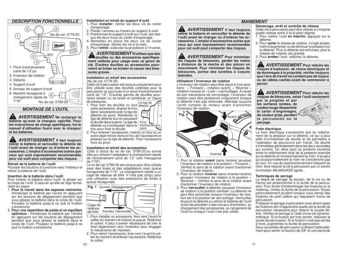 Milwaukee 0779-22, 0779-20 manual Description Fonctionnelle, Maniement, Montage DE L’OUTIL 