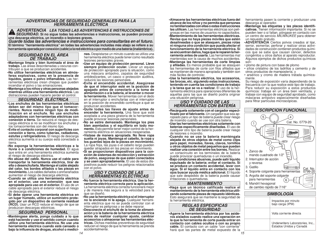 Milwaukee 0779-22 Seguridad EN EL Área DE Trabajo, Seguridad Eléctrica, Seguridad Personal, Mantenimiento, Simbología 