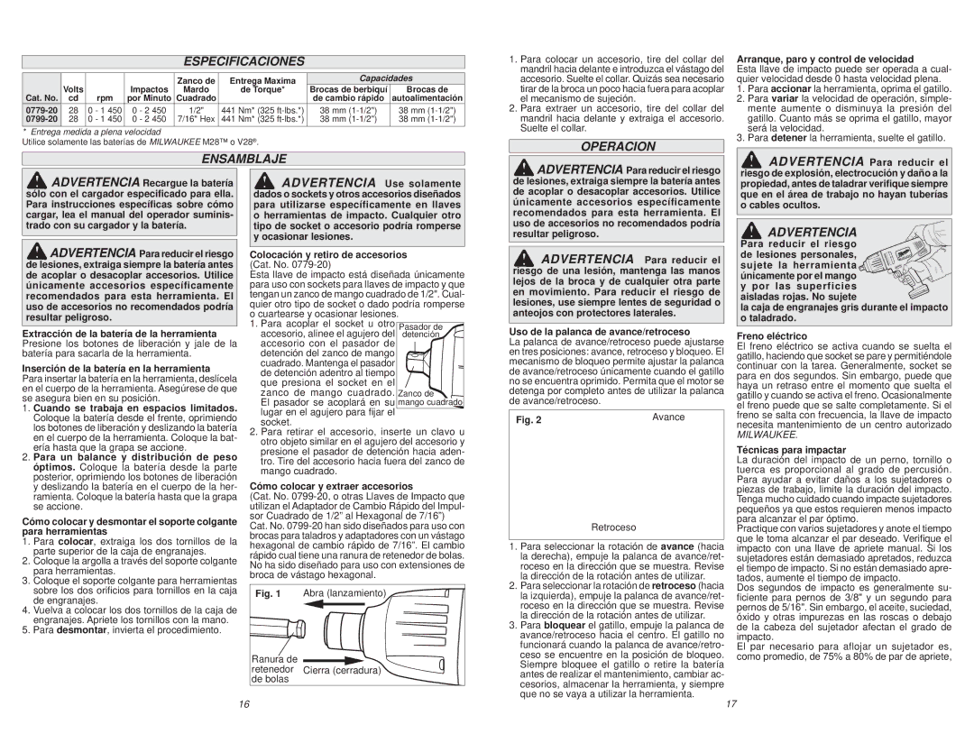 Milwaukee 0779-20, 0779-22 manual Especificaciones, Ensamblaje, Operacion 