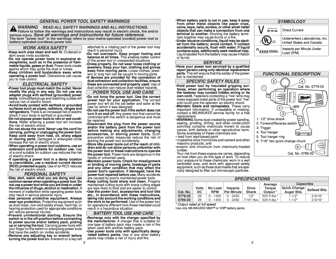 Milwaukee 0779-22, 0779-20 manual General Power Tool Safety Warnings 
