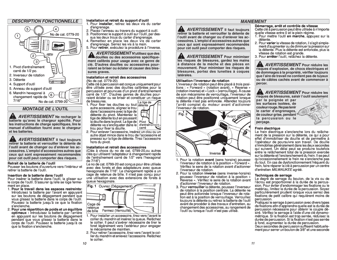 Milwaukee 0779-22, 0779-20 manual Description Fonctionnelle, Maniement, Montage De L’Outil 