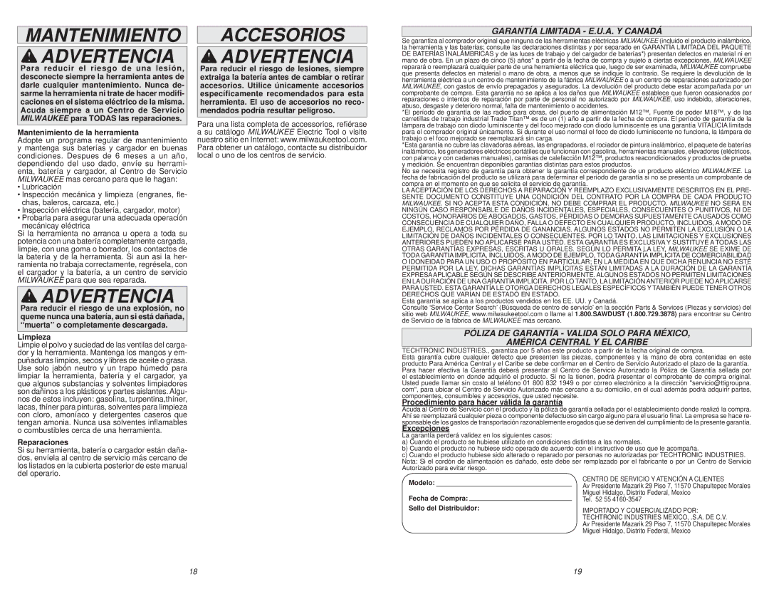 Milwaukee 0880-20, 0780-20 manual Mantenimiento Accesorios Advertencia, Garantía Limitada E.U.A. Y Canadá 