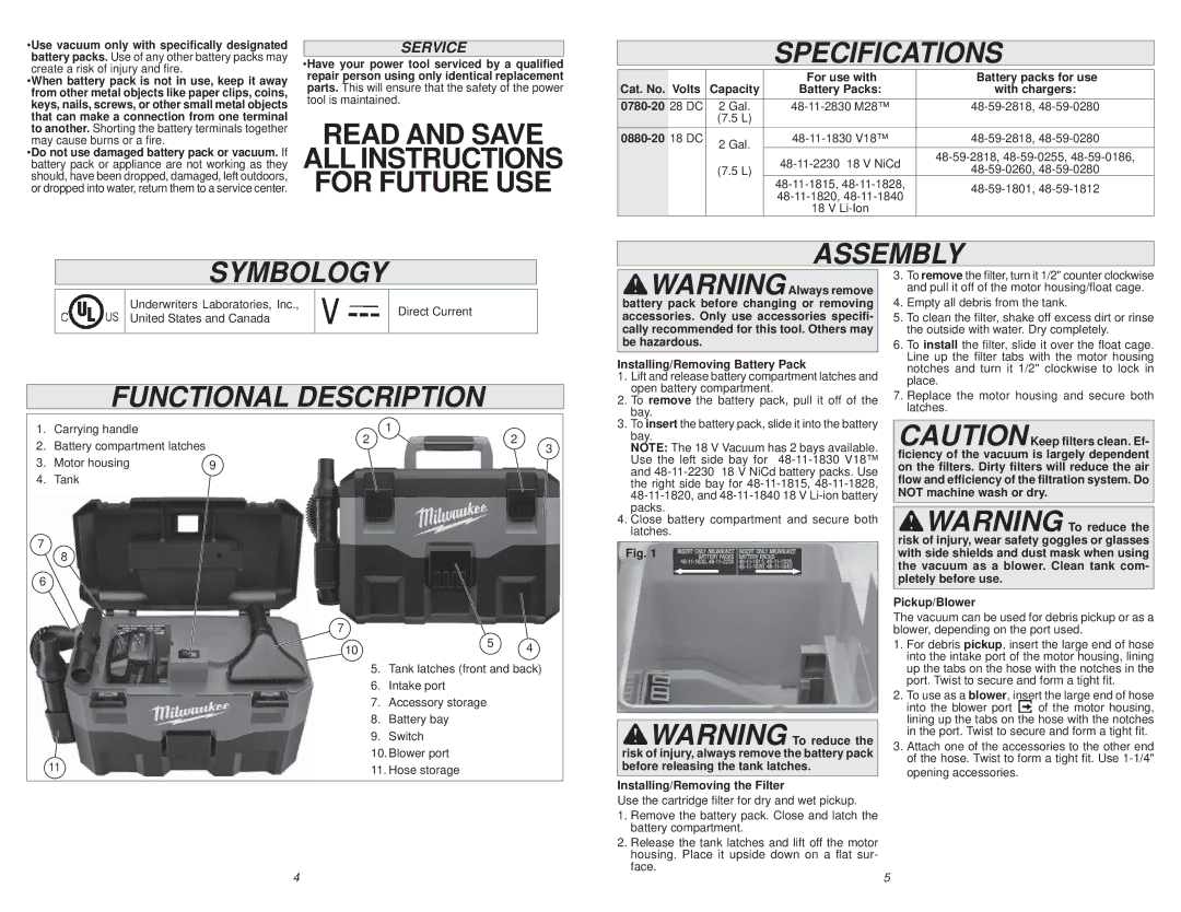 Milwaukee 0780-20, 0880-20 manual Specifications, Assembly Symbology, Functional Description, Service 