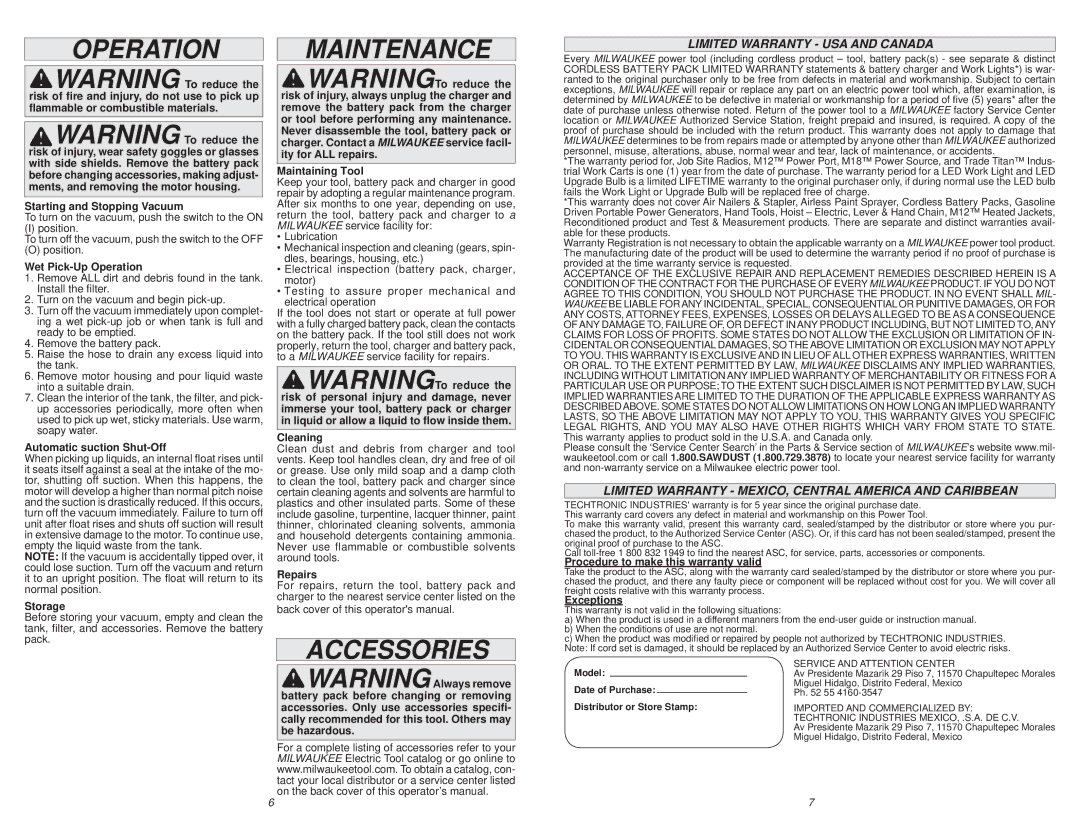 Milwaukee 0880-20, 0780-20 manual Operation, Maintenance, Accessories, Limited Warranty USA and Canada 