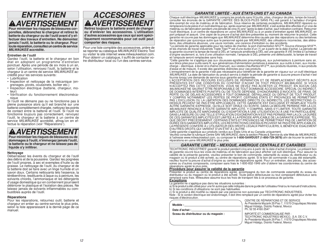 Milwaukee 0780-20, 0880-20 Entretien Avertissement, Accesoires Avertissement, Garantie Limitée AUX ÉTATS-UNIS ET AU Canada 