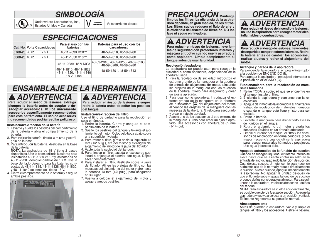 Milwaukee 0780-20, 0880-20 Simbología, Especificaciones, Ensamblaje DE LA Herramienta Advertencia, Operacion Advertencia 