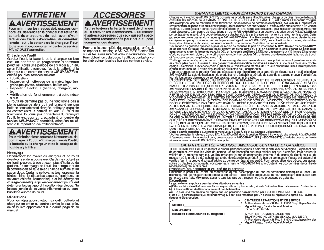 Milwaukee 0780-20 manual Entretien Avertissement, Accesoires Avertissement, Garantie Limitée - Aux États-Unis Et Au Canada 