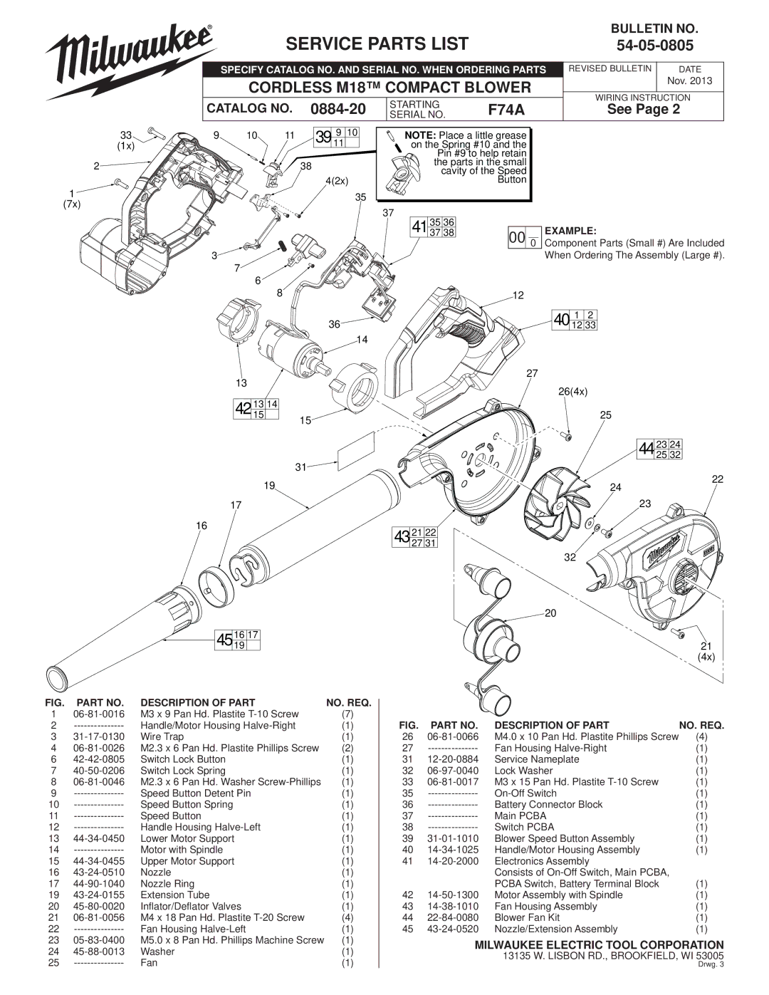 Milwaukee 0884-20 manual Service Parts List, 40 1, 54-05-0805, F74A 