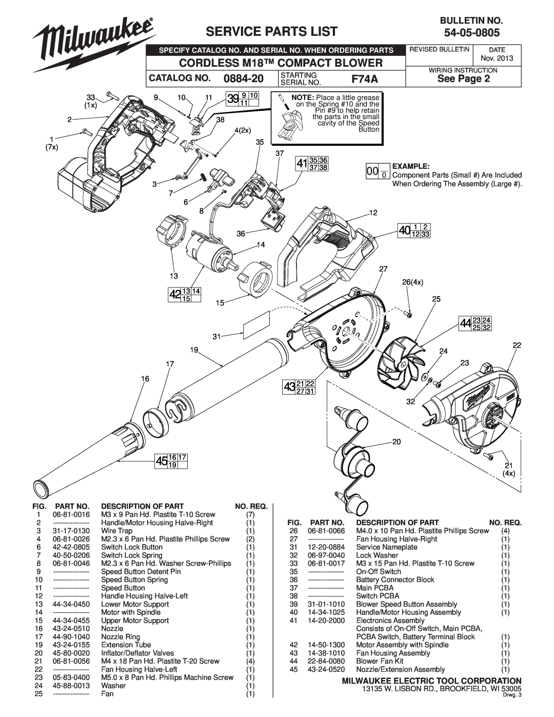 Milwaukee 0884-20 manual Service Parts List, 40 1, 54-05-0805, F74A, CORDLESS M18 COMPACT BLOWER, See Page, Bulletin No 