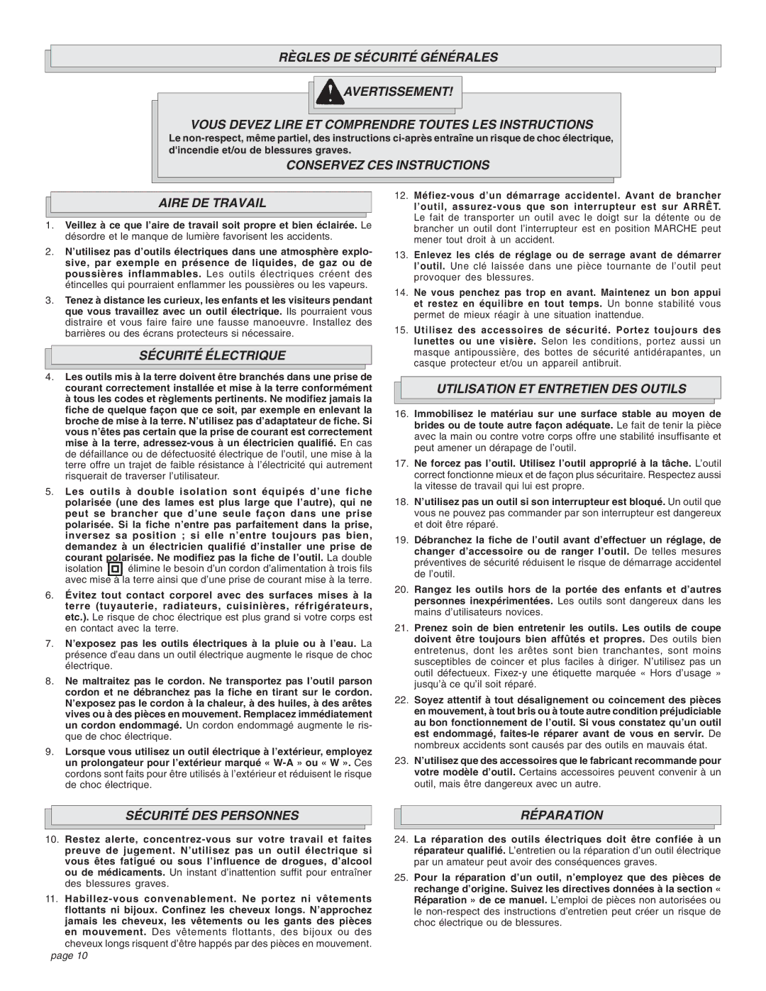 Milwaukee 1-1/2 manual Conservez CES Instructions Aire DE Travail, Sécurité Électrique, Utilisation ET Entretien DES Outils 