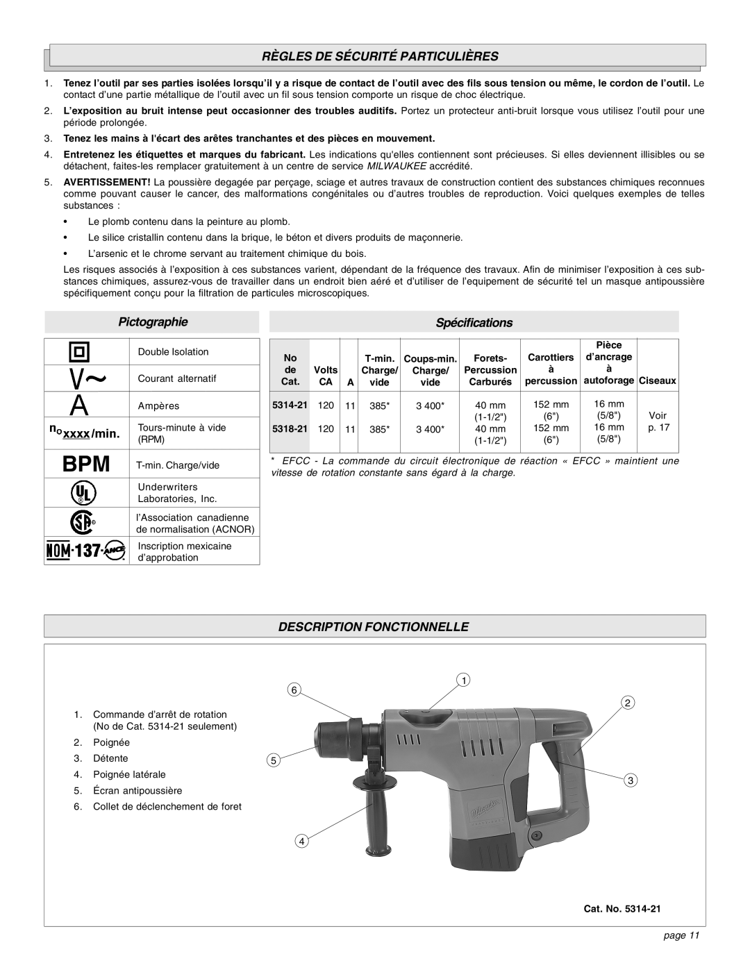 Milwaukee 1-1/2 manual Règles DE Sécurité Particulières, Description Fonctionnelle, Pièce, 120 385 400 40 mm 152 mm 16 mm 