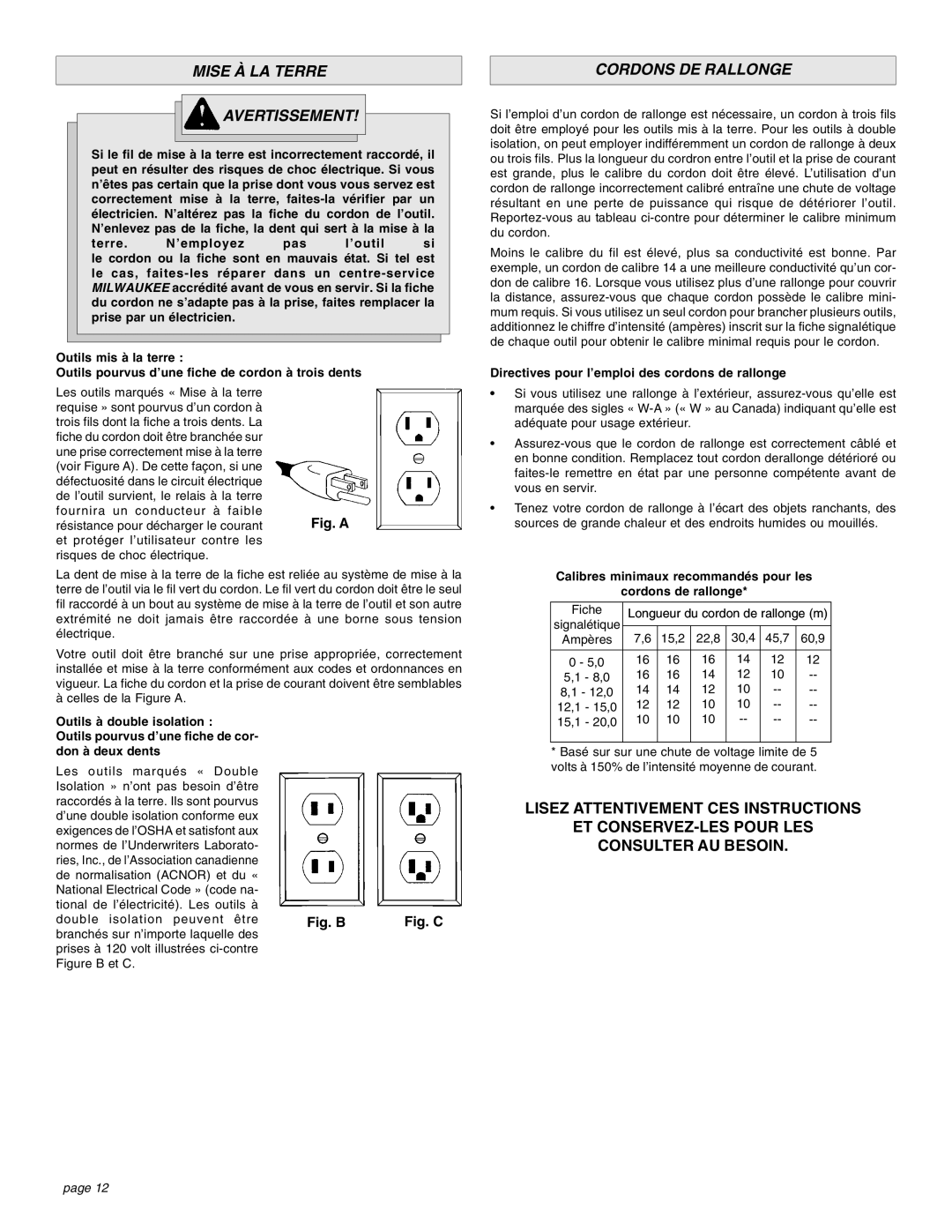 Milwaukee 1-1/2 manual Mise À LA Terre Avertissement, Cordons DE Rallonge, Directives pour l’emploi des cordons de rallonge 