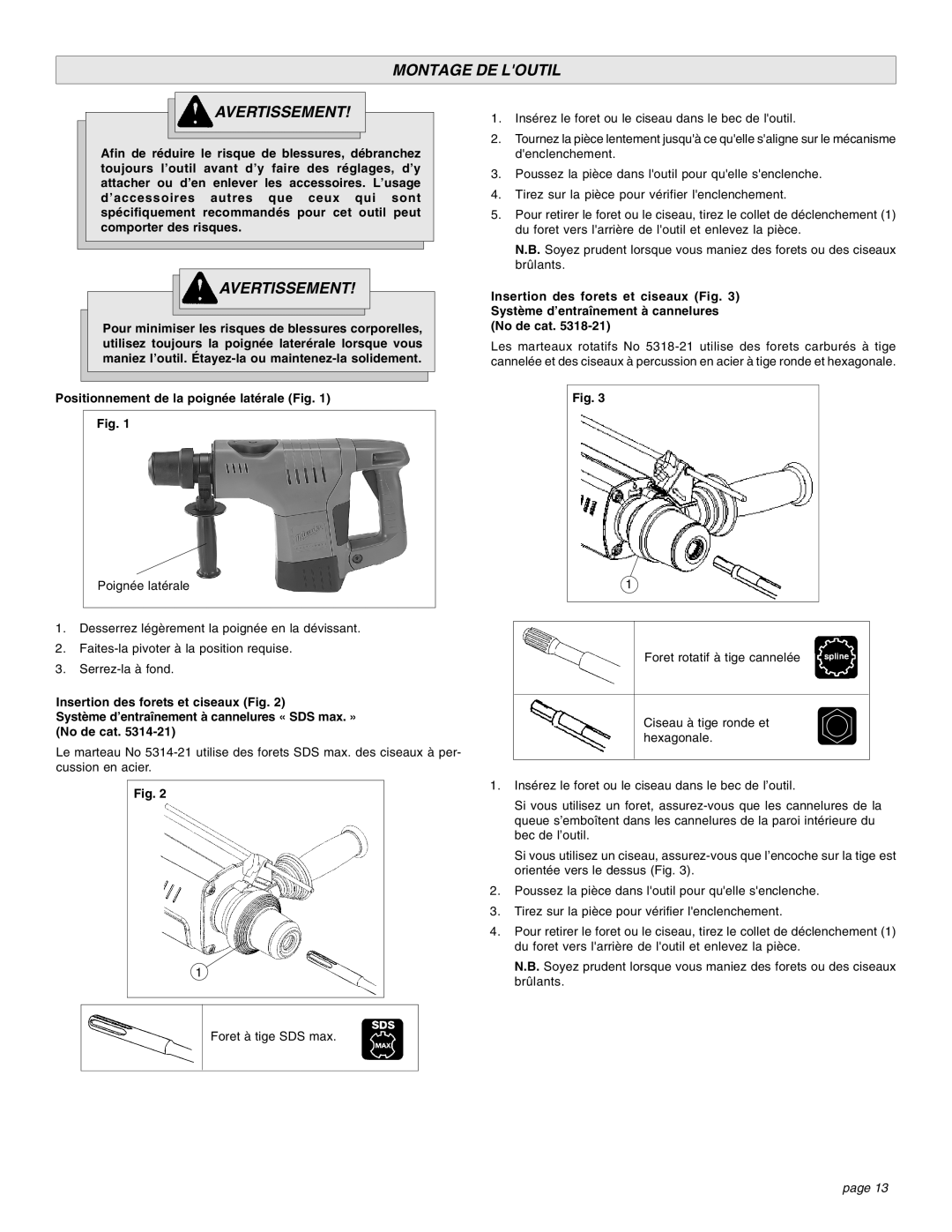 Milwaukee 1-1/2 manual Montage DE Loutil Avertissement, Positionnement de la poignée latérale Fig 