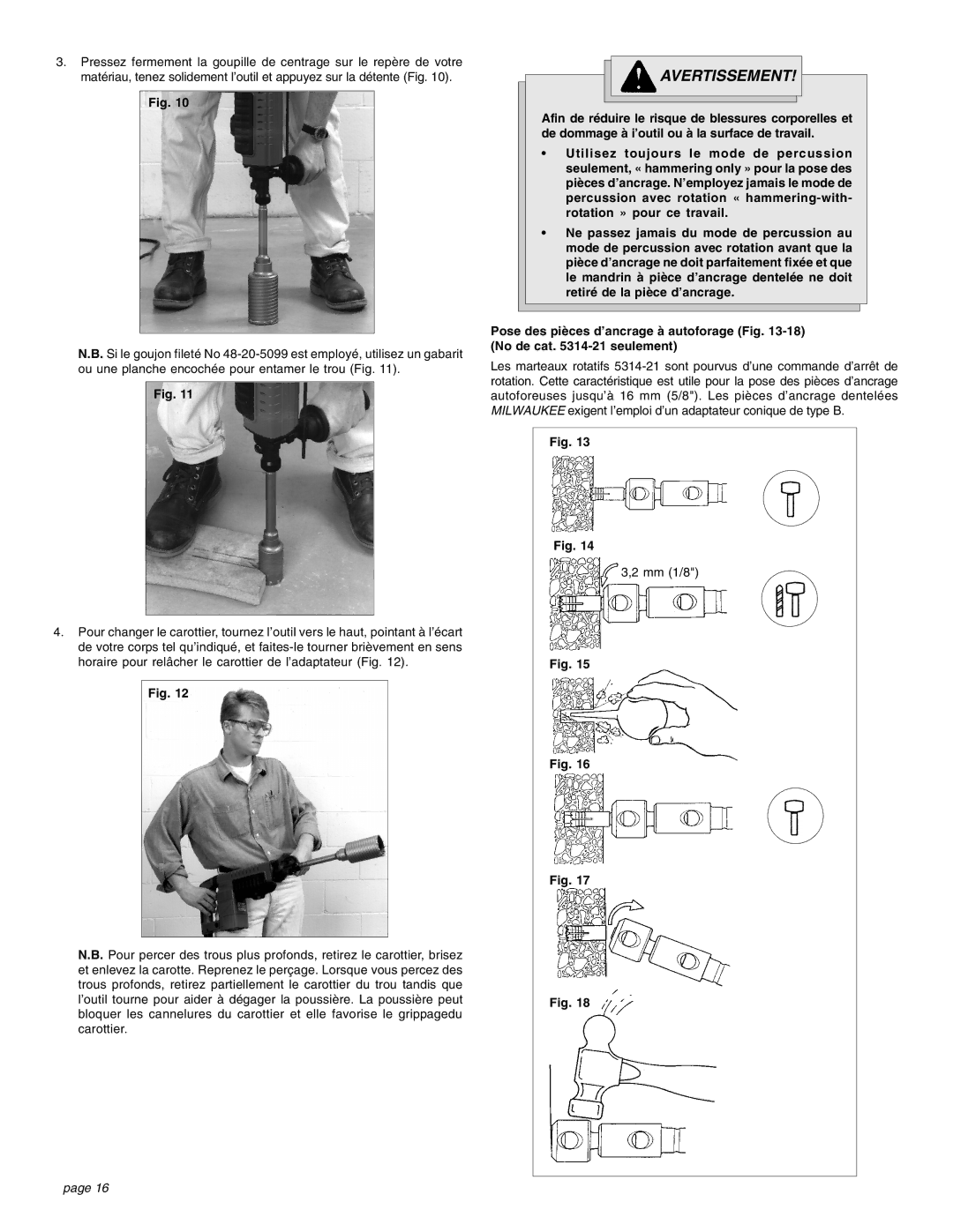 Milwaukee 1-1/2 manual Avertissement 