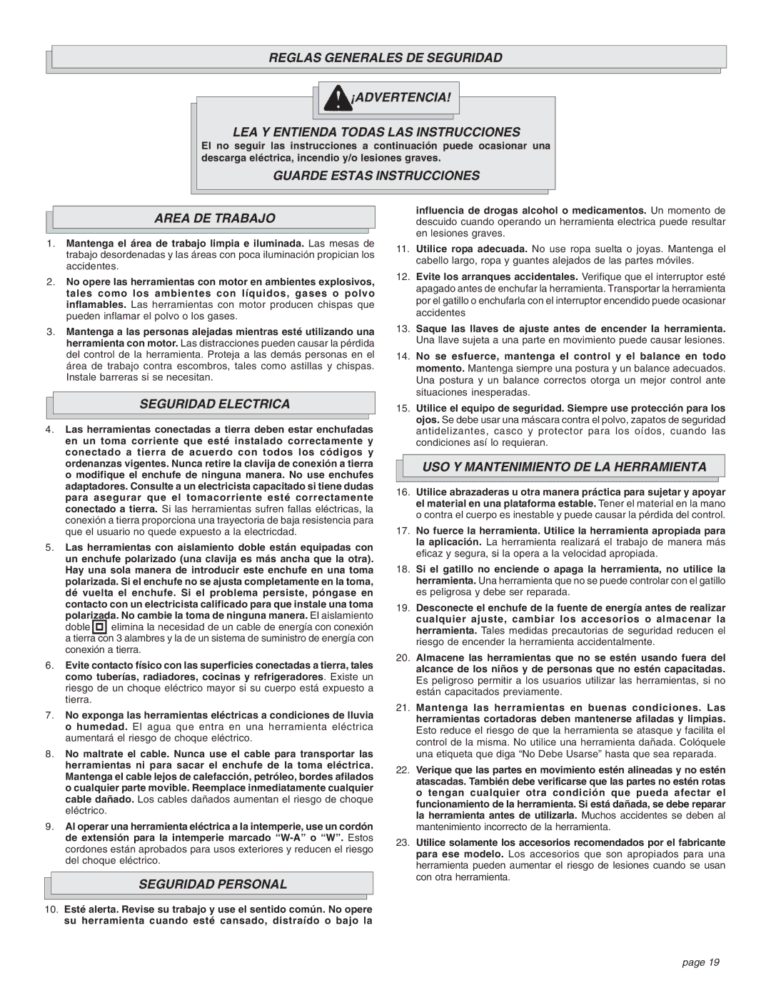 Milwaukee 1-1/2 manual Guarde Estas Instrucciones Area DE Trabajo, Seguridad Electrica, Seguridad Personal 