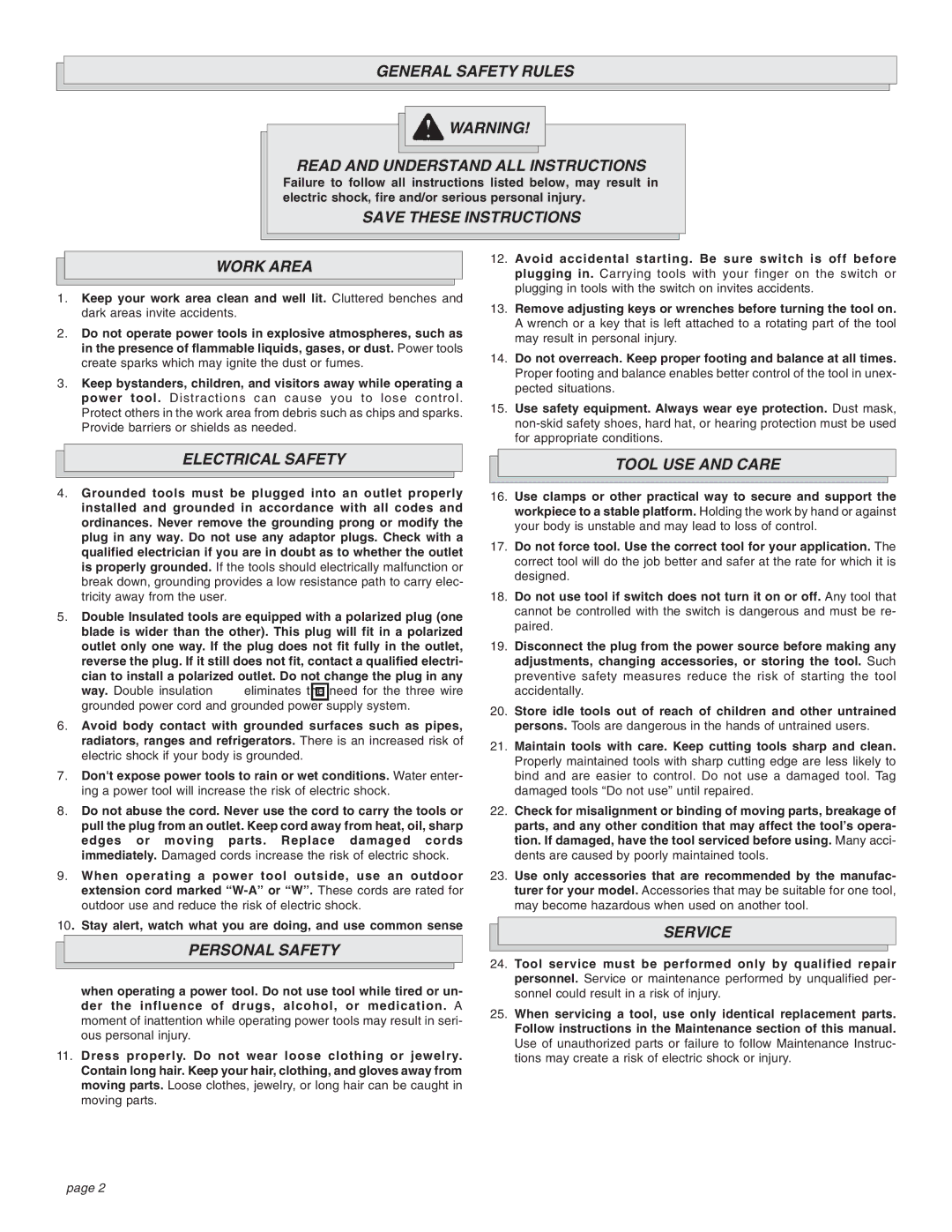 Milwaukee 1-1/2 General Safety Rules Read and Understand ALL Instructions, Work Area, Electrical Safety Tool USE and Care 